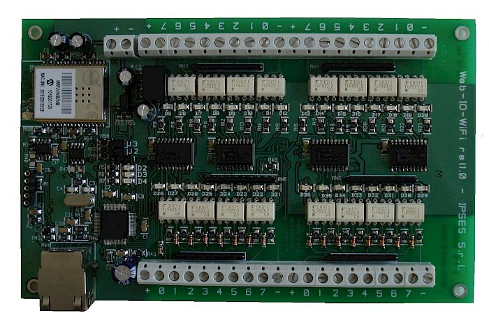 IPSES Srl - WEB-IO-WiFi: scheda input/output a 16 ingressi e 16 uscite optoisolati, con interfaccia Ethernet e WiFi, server WEB, telnet e SNMP integrati