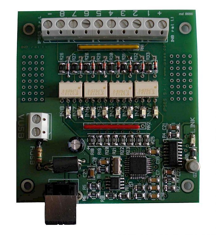 IPSES Srl - IN8: scheda di controllo con 8 ingressi optoisolati e interfaccia USB